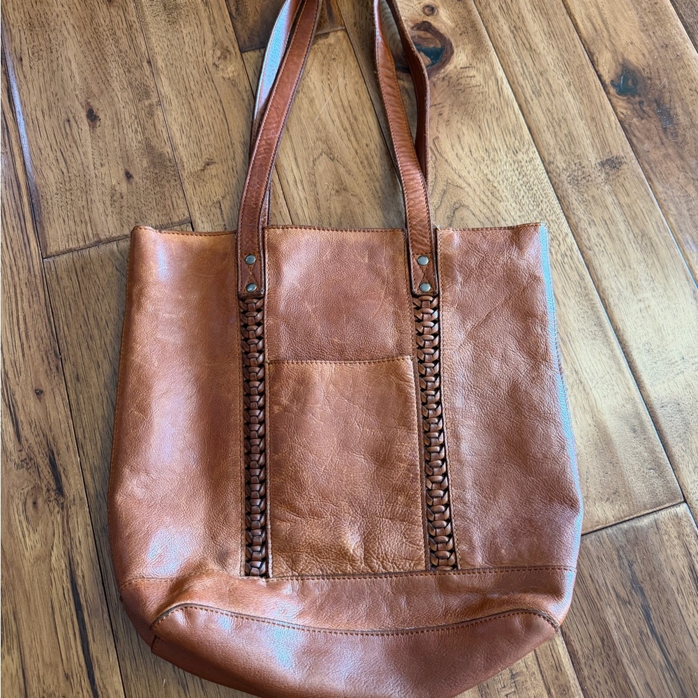 Woven-Trim Leather Tote in Cognac
